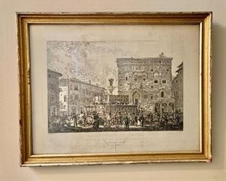 $60 - Framed engraving entitled "Markt Platz, Zu Perugia, 1932" - 21" H x 15" W