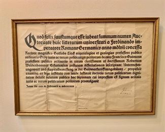$100 - Framed Latin calligraphy; 12.5" H x 18.5" W