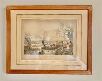 $75 - Framed hand colored engraving "Wild Duck Shooting" by R. Have Jr. (1860/1870) - as is, paper darkened with exposure to heat and light; 16.5" H x 21" W