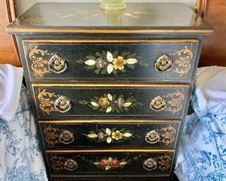 $350 - Hand painted, mother-of-pearl inlay chest; 30" H x 22" W x 12" D