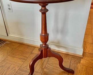 $150 - Tilt-top table made by Copenhaver's Furniture, Winchester, Va.; 26.5" H x 18.5" diameter, 36.5" tall when stored vertically