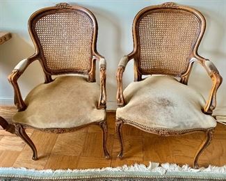 $495 for pair - AS IS some wear to the suede, caning in good condition. 37" H x 22" W x 24" D, seat height is approx 17"