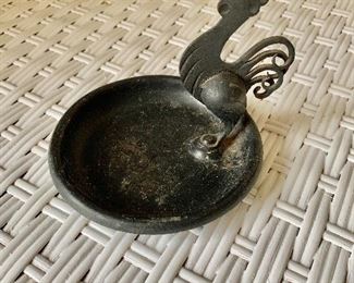 $24- Vintage metal tray with rooster; 4" H x 4.5" W