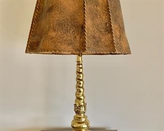 $150 - Vintage lamp with leather shade - Tested and working. 29" H with 18" diameter leather shade