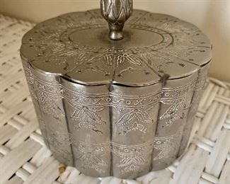 $40 - Plated tea caddy with lid, red fabric interior; 4.5" H x 4.5" W x 3.5" D