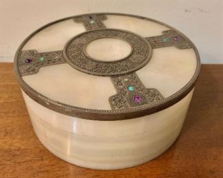 $120 - Alabaster box with metal mounts ; 6" diameter, 2.5" H
