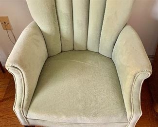 $195 - Vintage light green chair; as is, a few spots and overall wear to the upholstery; 34" H x 27" W x 29" D, seat height is approx 16"