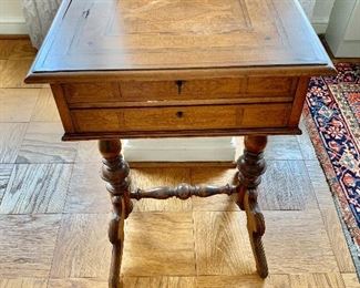 $150 - Antique Victorian lift top sewing cabinet; two drawers; Wear due to use and age, conservation required. 30" H x 19.5" W x 16" D