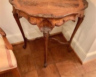 $295 - Louis XV style mahogany side table with x-stretcher; 27" H x 26" W x 20" D
