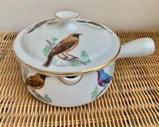 $40 - Lourioux Le Faune porcelain pot with lid; 5" diameter x 8" long incl. handle