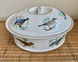 $40 - Lourioux Le Faune porcelain round baking dish with lid #1; 8" diameter x 5" tall