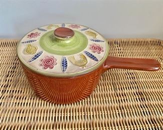 $20 - Vintage Ceramic saucepan with lid; 10" long incl. handle x 6" W x 4" H