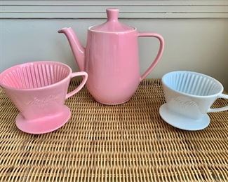 $40 - Vintage Melitta pink ceramic pour-over coffee pot; 7.5" H x 9" W spout to handle; All three pieces included in set