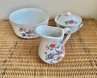 $50 - Set of 3 Cordon Blue cookware; souffle 7" W x 3" H; creamer 4.5" H; small lidded dish 3" H x 4.5" W