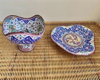 $50 - Set of hand painted metal and enamel dishes; bowl is 4.5" H x 5" W , triangle dish is 7" W