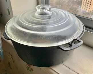 $50 - Cast iron dutch oven 10" diameter x 4" deep (as is, does not have a cast iron lid but does come with a Griswold glass lid);