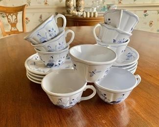 $90 - Longchamp Moustiers blue and white pattern; 9 teacups and 9 saucers