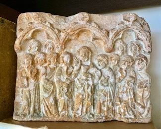 $500 - Archaic carved stone block relief of Christ with the apostles; 12" W x 9.5" H x 2.5" D