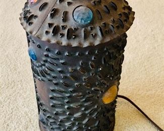 $90 - Pierced metal lantern, tested and working; 11.5" H x 6" W