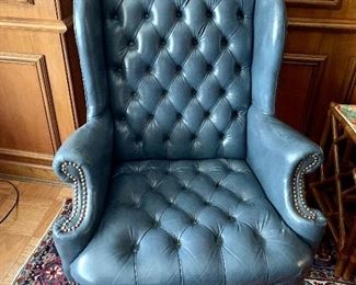 $395 - Blue nailhead wingback chair; AS IS, wear to the legs and arm rests, requires some cleaning. 43" H x 31" W x 31" D, seat height approx 16"