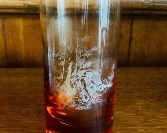 $50 - Moser amber highball glassware with etched boar; 5.5" H x 2.5" W