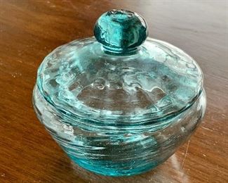 $30 - Small blown glass jar with lid; 3.5" H x 4" W