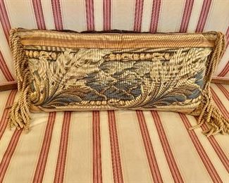 $40 - Acanthus tapestry poly-filled leaf pillow with fringe; 22" x 10"