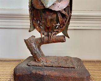 $175 - Mid Century brutalist welded sculpture of an owl on perch on wooden plinth, signed; 12" H x 19" W x 7" D