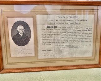 $3,000 - framed engraving and document signed by Thomas Jefferson dated June 20, 1806; overall fair condition, faded due to exposure to heat and light; 11.5" H x 18.5" W; appraisal available