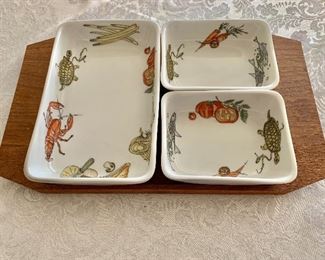 $40 - Mid Century Krautheim Selb serving dishes on teak tray; 12” (L) x 7” (W)