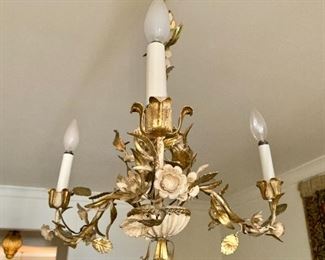 $395 - Vintage three-light metal chandelier painted white and gold; 20.5" total height x 16" W.
NOTE: A separate charge of $40 will be applied for an electrician to remove the fixture.