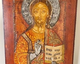 $300 - Russian hand-painted icon on wood with raised silver riza and raised silver hand - 15" H x 12.5" W