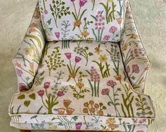 $350 - Floral crewel upholstery club chair with feather filled cushions ; 29" H x 30" W x 39" D, seat height is approx 15"