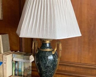$595 - Heavy marble and ormolu urn base table lamp with octagonal silk shade; 36” (H), base 8” x 8” - tested and working