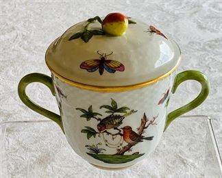 $125 - vintage Herend "Rothschild Bird" lidded jelly/jam jar with handles