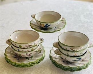$95 - Hand painted ceramic soup bowls and saucers; set of 7