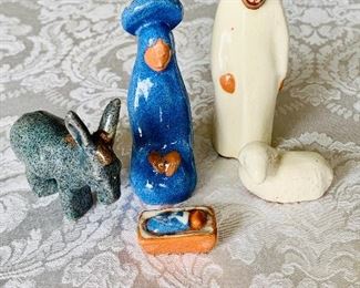 $25 - Hand crafted clay nativity scene; 5 pieces; largest piece approx 2” high