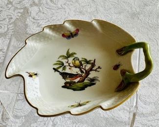 $60 - Herend “Rothschild Bird” leaf trinket dish with handle; 6” (L) x 4.5” (W)