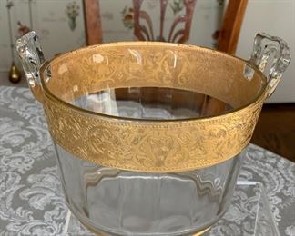 $60 - Vintage glass two handled ice bucket with gilt trim; 6” diameter x 4” (H)