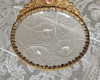 $100 - Round frosted trinket dish with painted porcelain and ormolu trim. 4” diameter, 3” (H)
