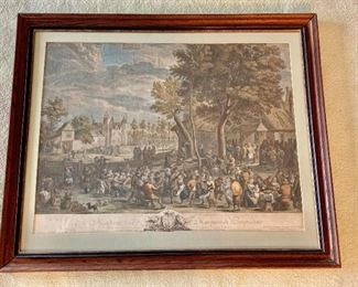 $400 - Jean Pierre Le Bas “Fete Champetre after Teniers” hand colored engraving; 35” (W) x 28”(H) framed