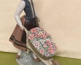 Lladro Porcelain Figurine Girl Pushing Wheelbarrow Full of Flowers