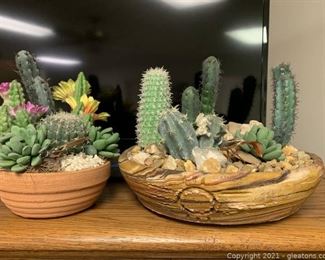 Lush Set of Two Faux Succulents and Cactus Terrariums