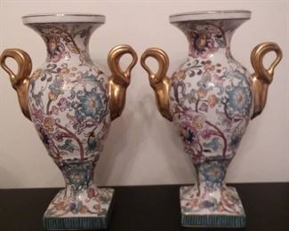 Pair of Asian Urn Style Floral Porcelain Vases