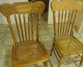 Wood and Carved Dining Chairs with Cained Seats