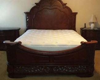 Exquisite Ornate California King Honey Walnut Sleigh Bed with Lighted Floor Panels