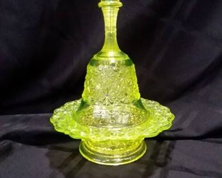 fenton Daisy and Button Vaseline Uranium Glass Covered Bell Butter Dish