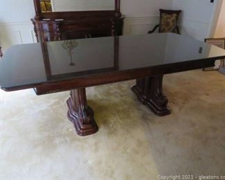 High End Carved Mahogany with Burlwood Inlay Design Double Pedestal Dining Table