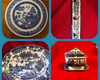 Blue Willow plates, wall hanger, platters & soup tureen