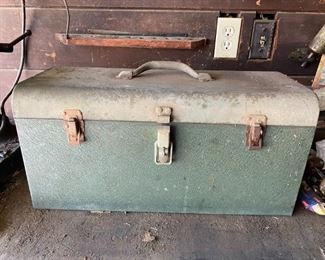 Vintage Green Metal Tool Box w/ Mixed Lot of Tools